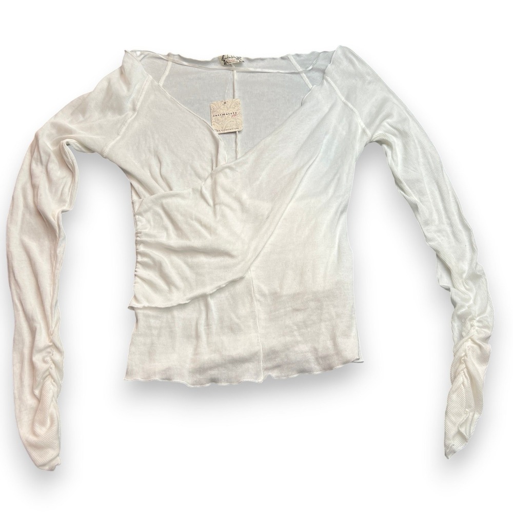 NWT Free People Ali Wrap Top Women Size S White Ribbed Ruched Balletcore Minimal